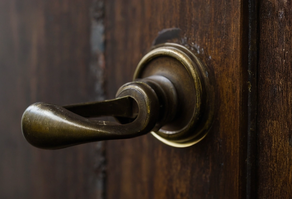 Close detail of an unlacquered brass door lever with darkened patina and brighter wear on the grip
