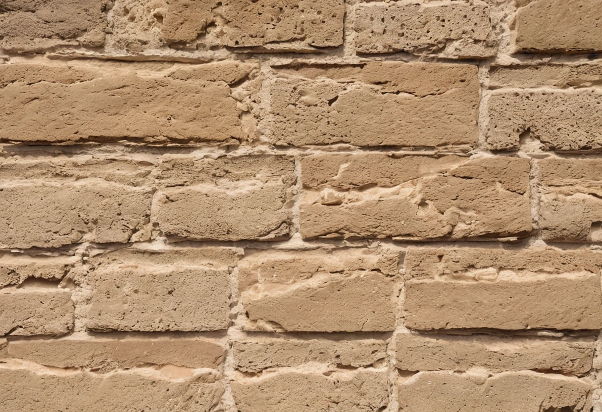 Detail of a travertine wall showing open pores and horizontal banding