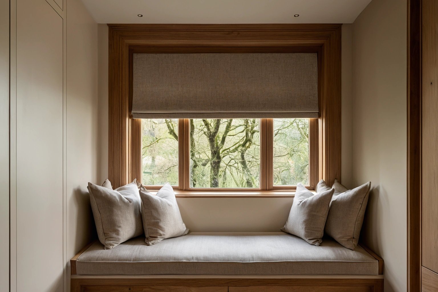 Window seat with a high solid back and linen cushions beside a tall window